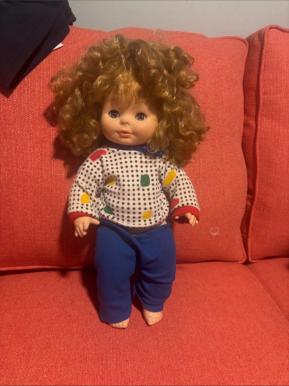 Horsman  vintage curly Haired Baby Doll in Blue Outfit - Kids Toy